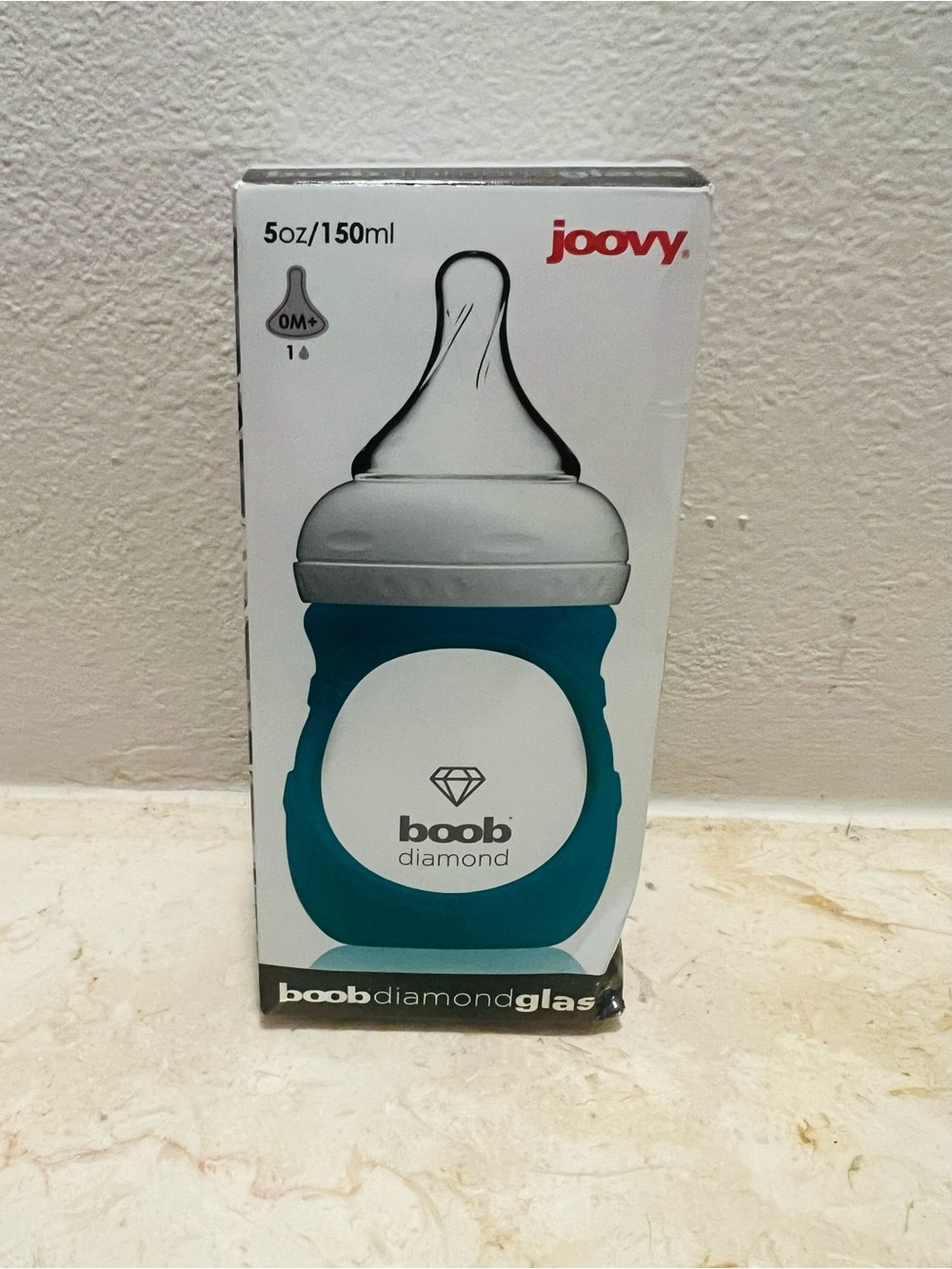 Joovy Boob Diamond Glass Baby Bottle 5oz/150ml 0M+ Single Hole Nipple Blue #A28